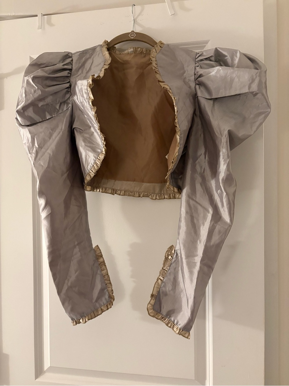 Silver Puff-Sleeve Cropped Jacket with Gold Trim
